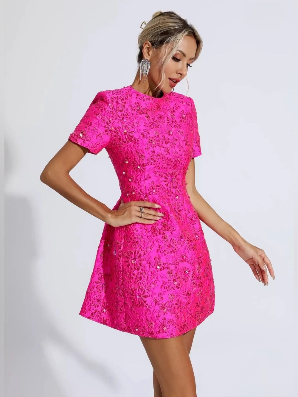 NWT Catchall Astrid Pink Jacquard Floral Mini Dress - Picture 3 of 8